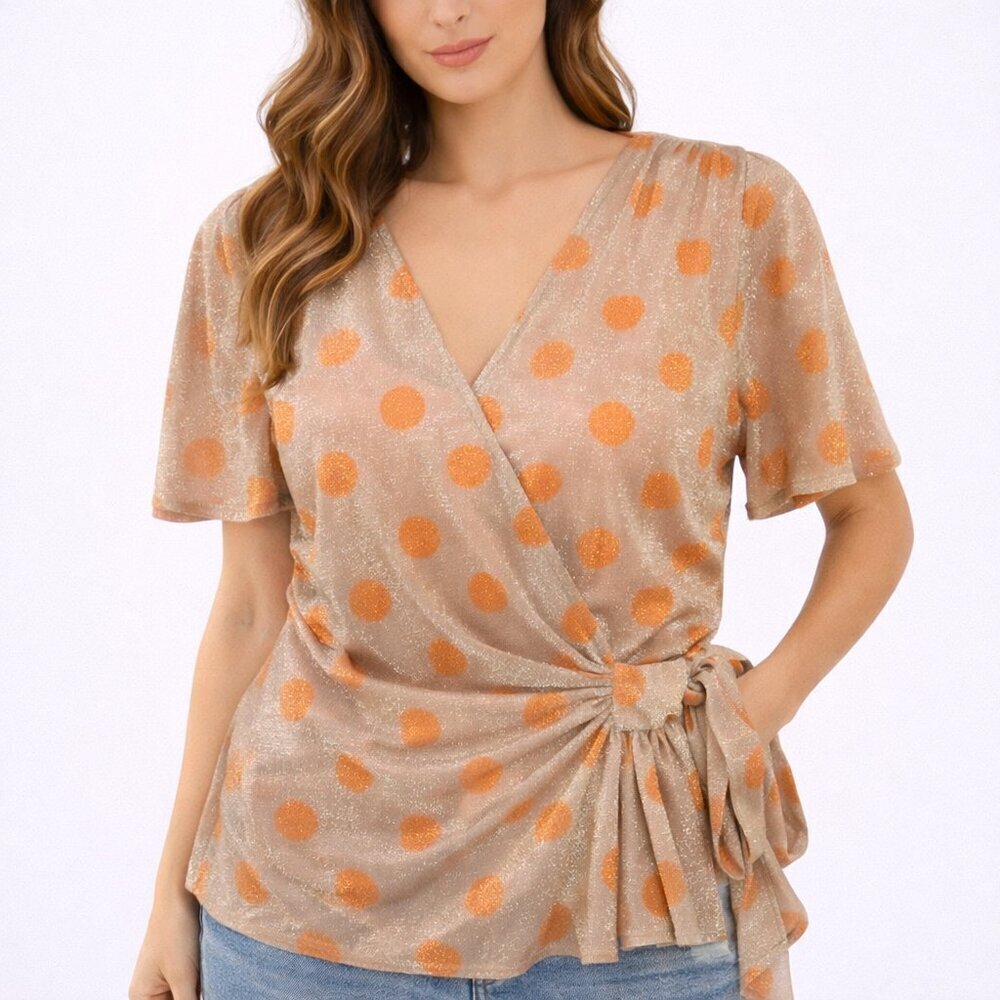 Anthro Eva Franco Sweetwater Faux Wrap Top M Orange Polka Dot Lurex